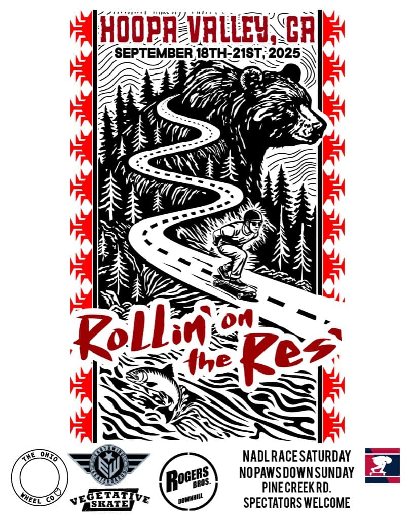 Rollin' on the Res poster: Pine Creek Rd., Hoopa Valley — woodcut-style road, forest, and longboarder